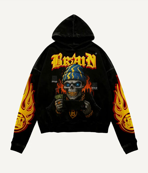 Mens Retro Skull-Print Loose-Fit Hoodie