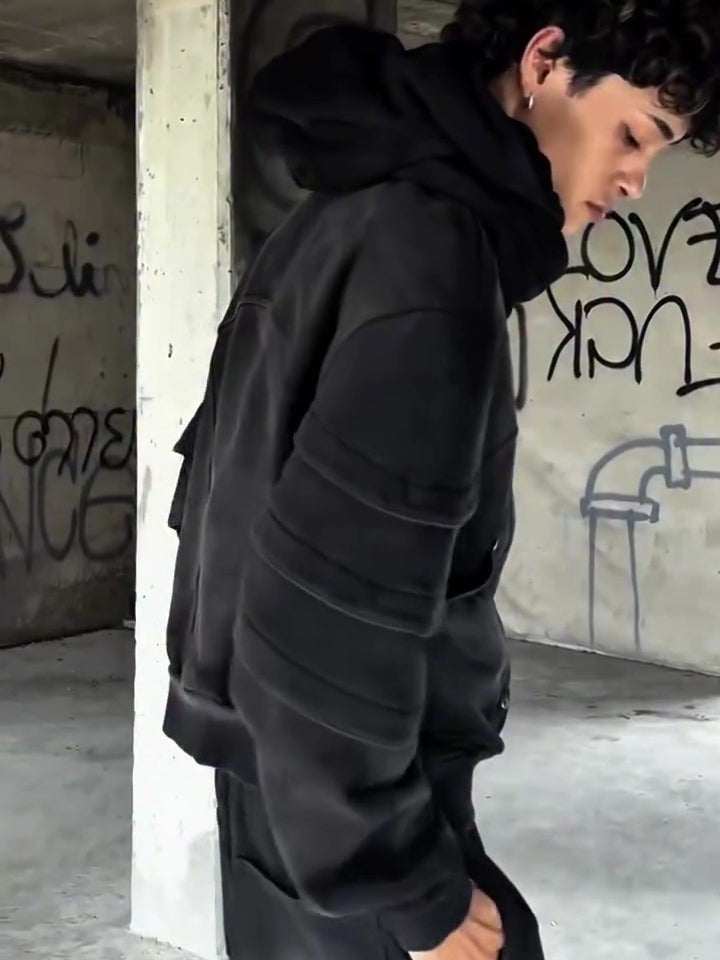 Black Structural Panel Cropped Hoodie