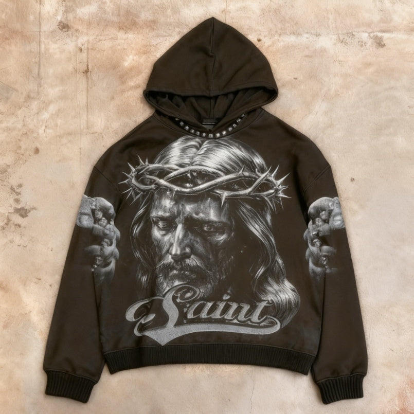 Men's Retro Printed Zipper Hooded Sweatshirt