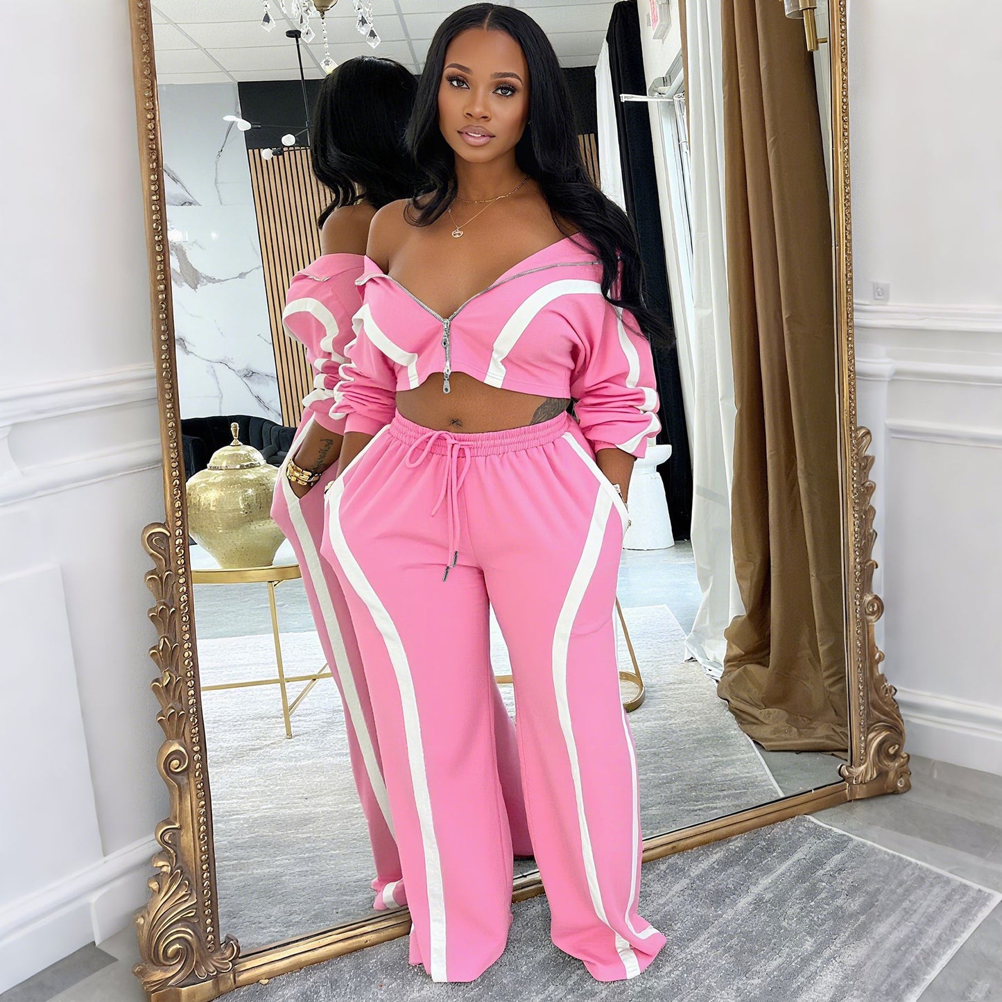 Contrast-color Long-sleeve Cardigan Sports-style Two-piece Set, Fashionable And Casual